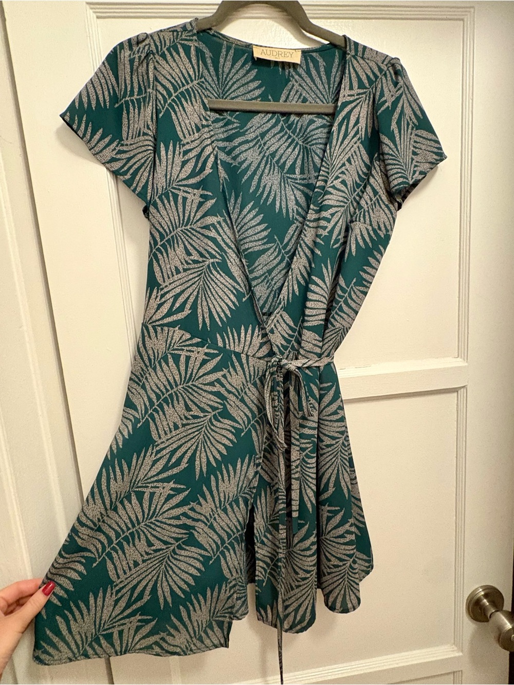 Dark Green Palm-Print Wrap Dress Boutique